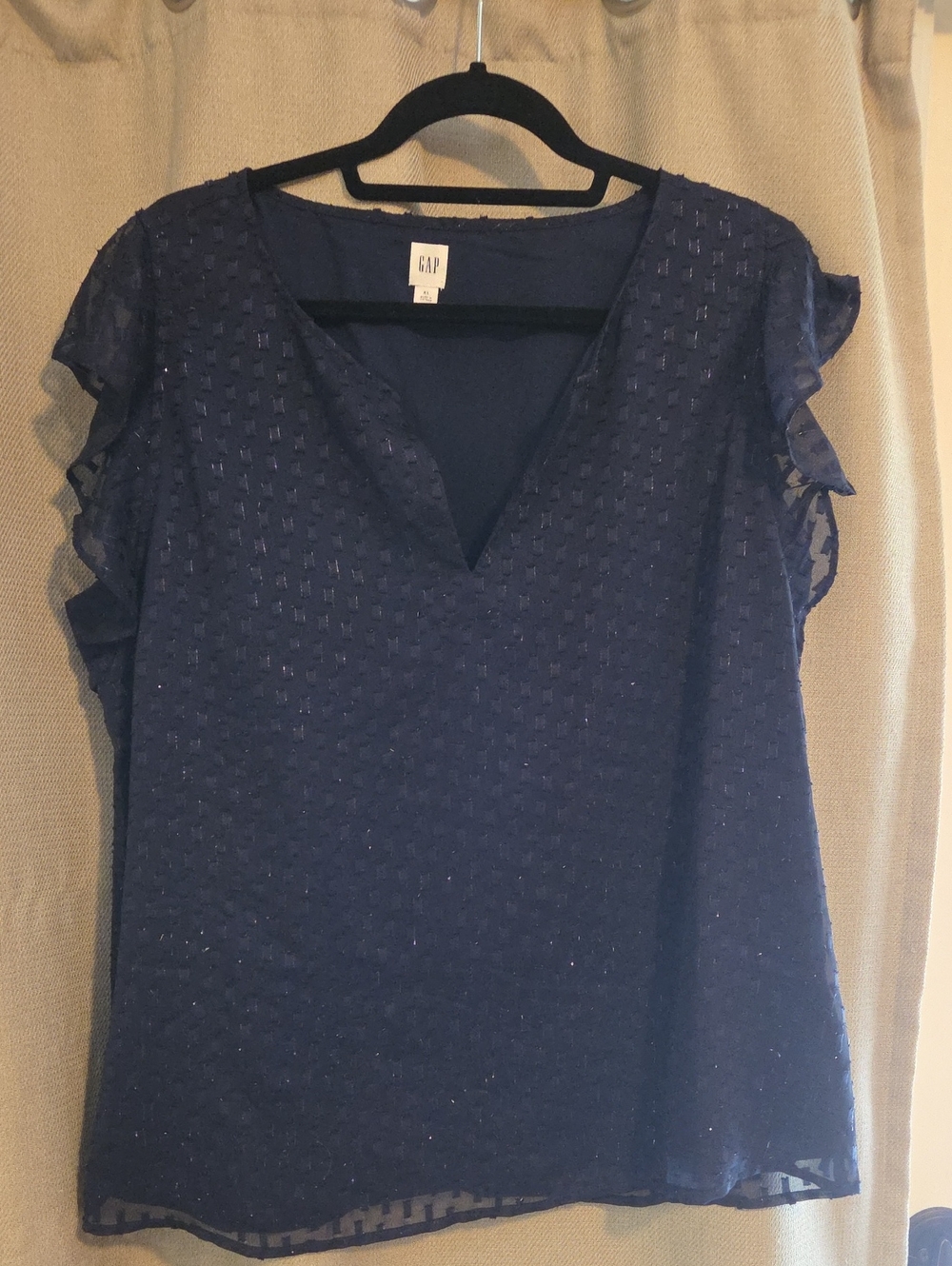 Navy Sheer Textured V-Neck Flutter-Sleeve Top